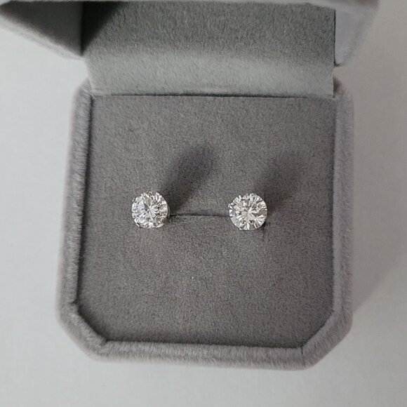 Round Clear CZ Stone Stud Earrings 14k White Gold - Picture 2 of 15